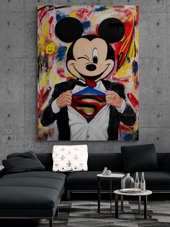 #118 Superman, 120 × 90 × 4,5 cm Pop Art Kunstwerk von Vale ART. Mickey Mouse, Bunter Abstrakter Hintergrund