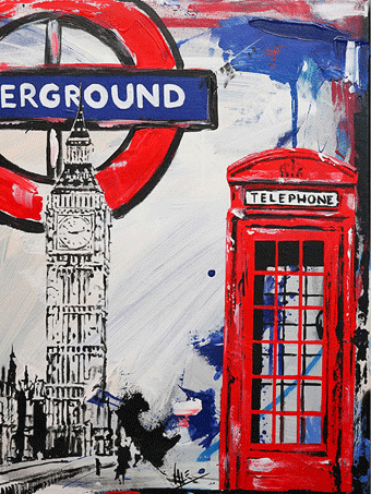 #82 London, 2021, 60x60cm, Mischtechnik auf Leinwand, verkauft. Abstrakte Abschnitt Darstellung von London in Blau und Weiß, 60x60 cm Kunstwerk.
