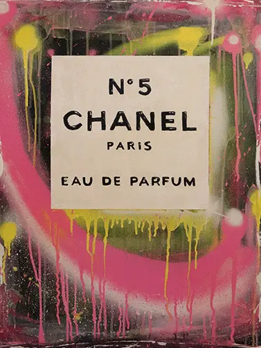 Abschnitt von: #31 Chanel black edition, 2019, 100x70cm, Mischtechnik auf Leinwand, steht zum verkauf. Ein Gemälde aus der Pop Art Serie von VALE ART Valentino Prizzi.